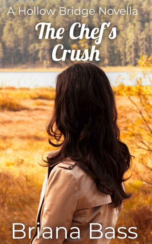 Cover image for 'The Chef's Crush', a novella by Briana Bass, showing a woman with long dark hair wearing a beige trench coat, facing away from the camera in a natural outdoor setting.