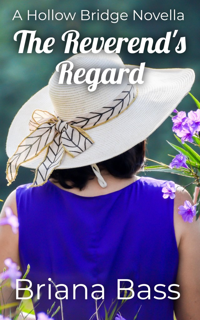 The cover of a novella titled 'The Reverend's Regard' by Briana Bass, featuring a person wearing a wide-brimmed hat and a purple dress, seen from behind amidst blooming flowers.