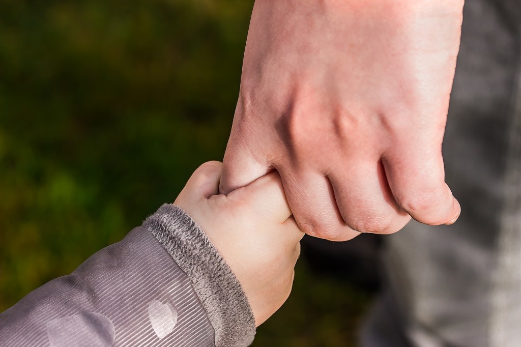 A close-up image of an adult hand and a child's hand holding each other, symbolizing connection and guidance.