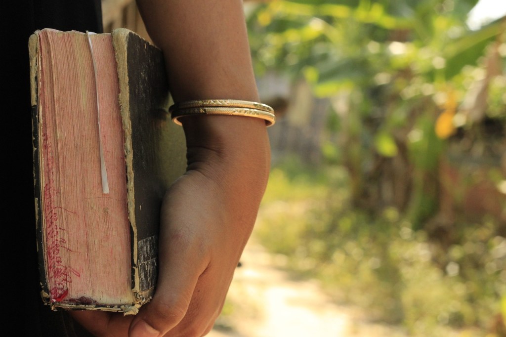 A hand holding a worn book, featuring a pink spine, with greenery in the background.