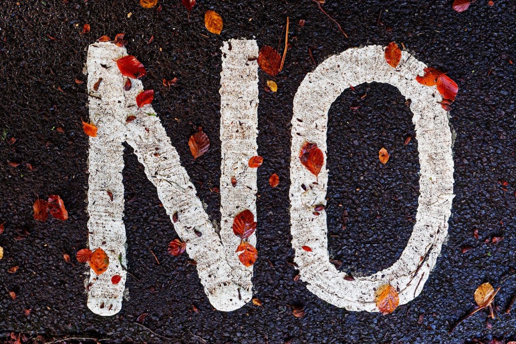 A close-up view of the word 'NO' painted in white on a dark asphalt surface, surrounded by fallen leaves.
