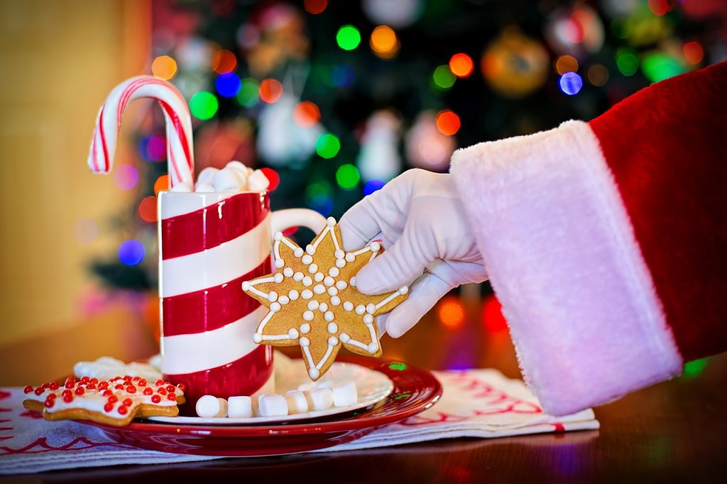 A festive scene featuring a hand in a Santa sleeve holding a star-shaped gingerbread cookie, alongside a striped mug filled with candy canes and marshmallows, with a colorful Christmas tree in the background.