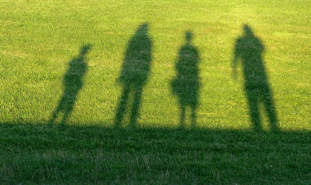 Shadows of four figures cast on green grass, symbolizing family and generational connections.