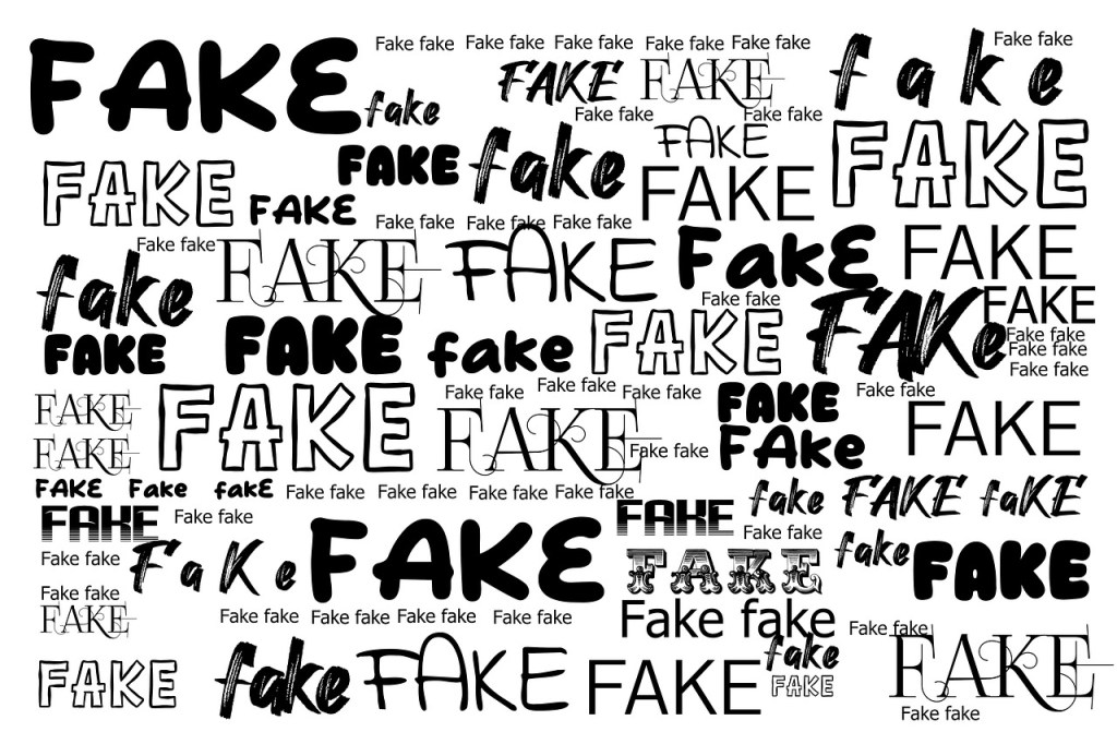 A collage of the word 'FAKE' displayed in various fonts and sizes on a white background.