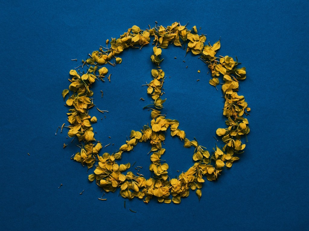 A peace symbol made of yellow flower petals arranged on a blue background.