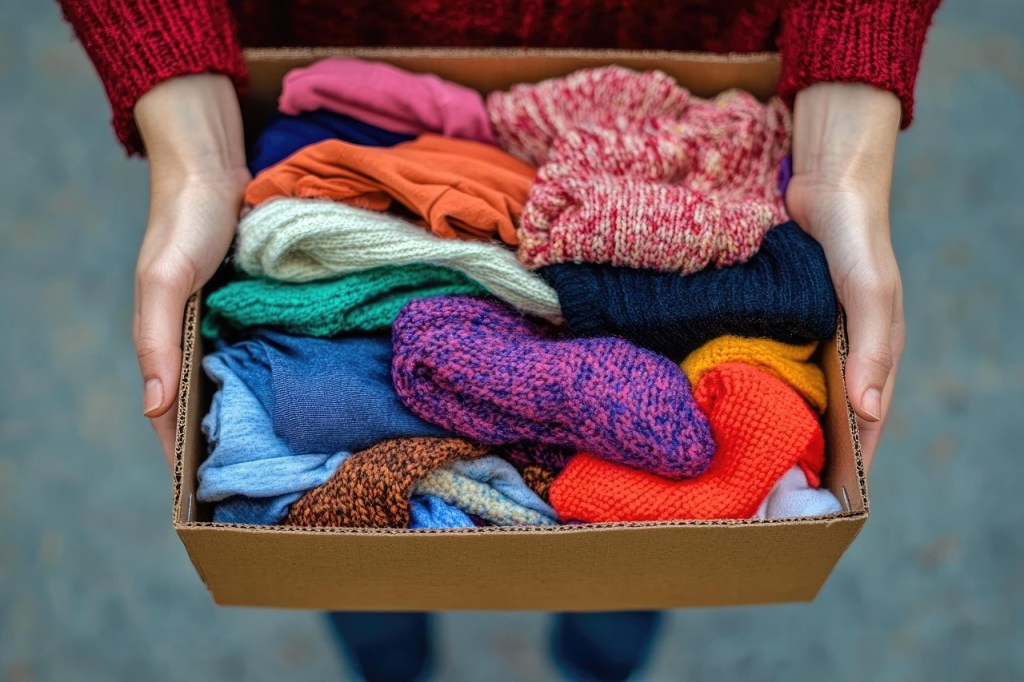 A person holding a cardboard box filled with assorted colorful clothes, including sweaters and socks.