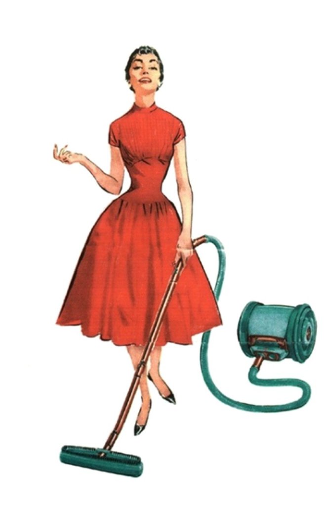 A vintage illustration of a woman in a red dress holding a vacuum cleaner, smiling confidently.